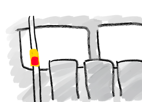 Ink-style digital drawing of a pole with a red button on it, in front of a row of bus seats