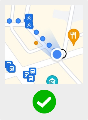 Screenshot of a navigation app, showing that the blue spotlight representing where the user is facing is pointing towards the direction of travel