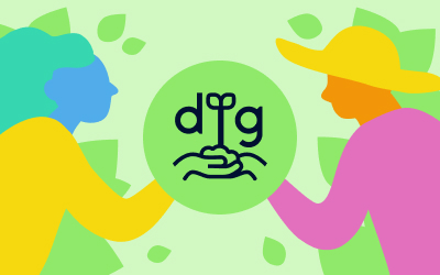 Light-green circle with a plant growing out of outstretched hands (Dig gardening club logo)