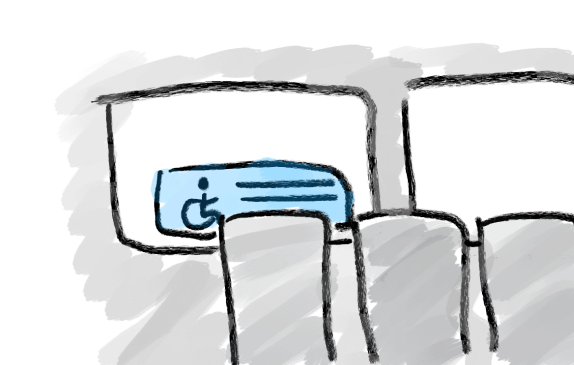 Ink-style digital drawing of a row of bus seats in front of a blue disabled symbol