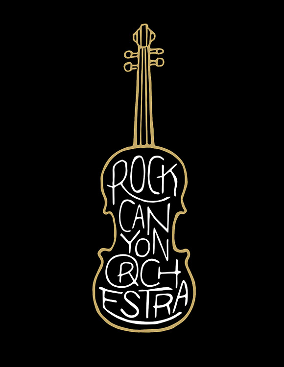 Violin-shaped design containing the words ROCK CANYON ORCHESTRA