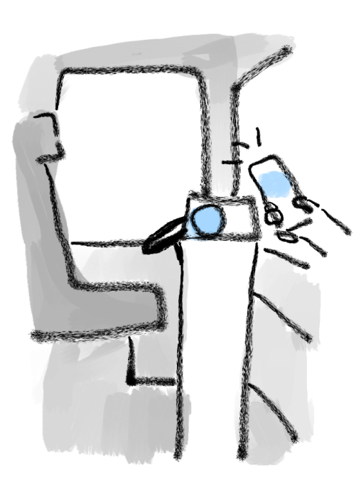 Ink-style digital drawing of a payment stand in front of a driver's seat in a bus, with someone's hand holding a phone to pay'