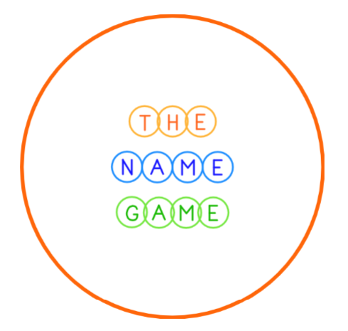 Orange-bordered circle with text saying The Name Game