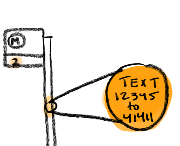 Ink-style digital drawing of a bus stop, with a detail inset saying Text 12345 to 41411