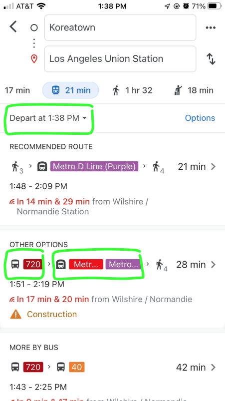 Screenshot of navigation app showing different possible bus routes, with different lines circled in green