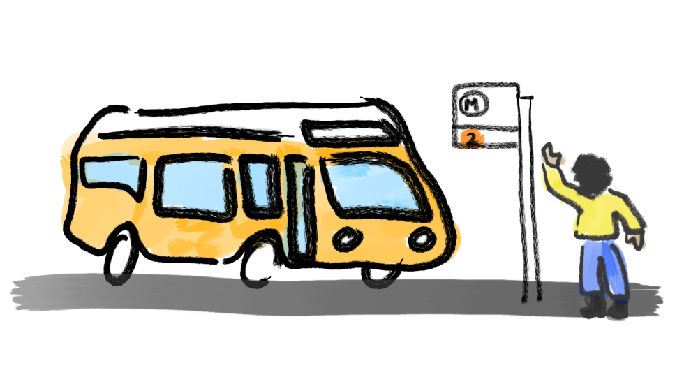 Ink-style digital drawing of a person wearing yellow waving towards an orange bus at a bus stop