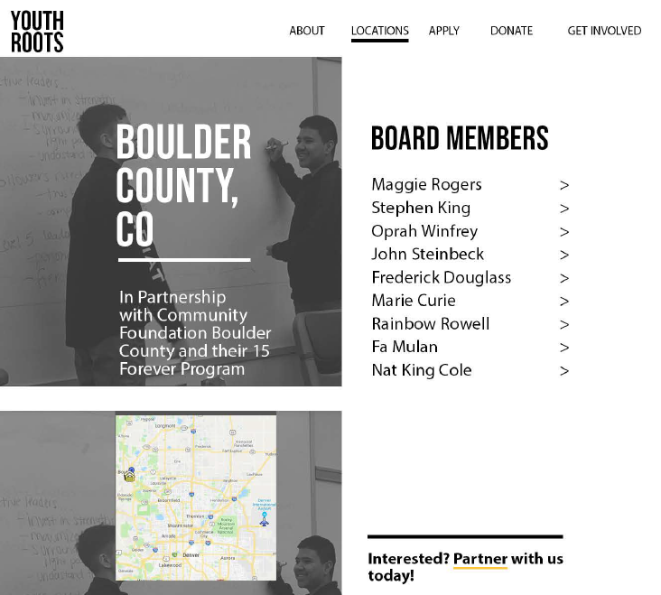 Website mockup for Boulder County page of Youthroots nonprofit site